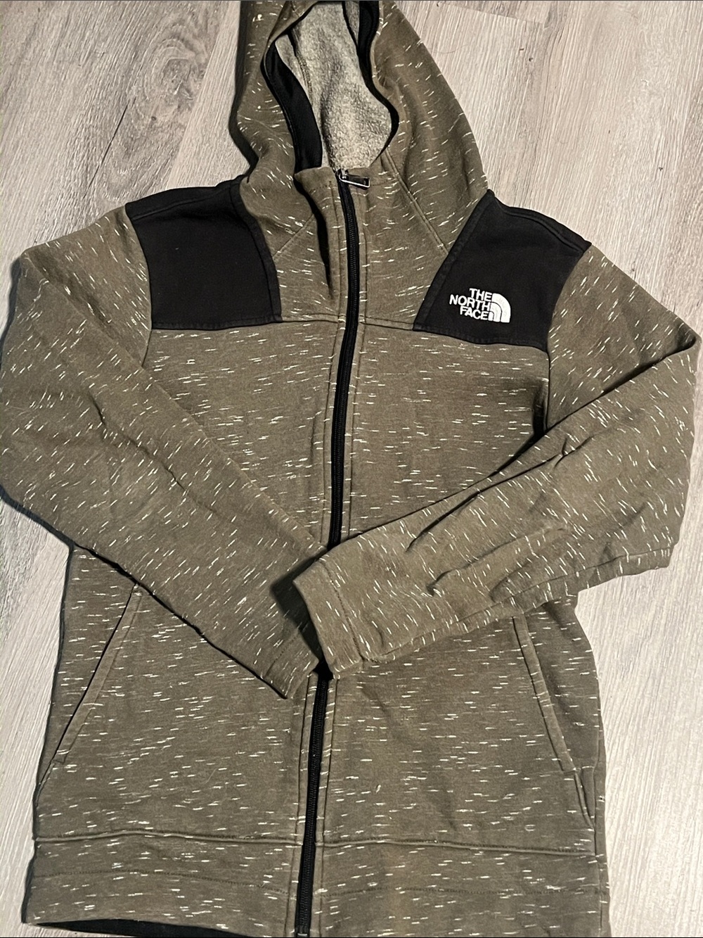 The North Face Olive Green Hooded Zip Jacket with Black Shoulders